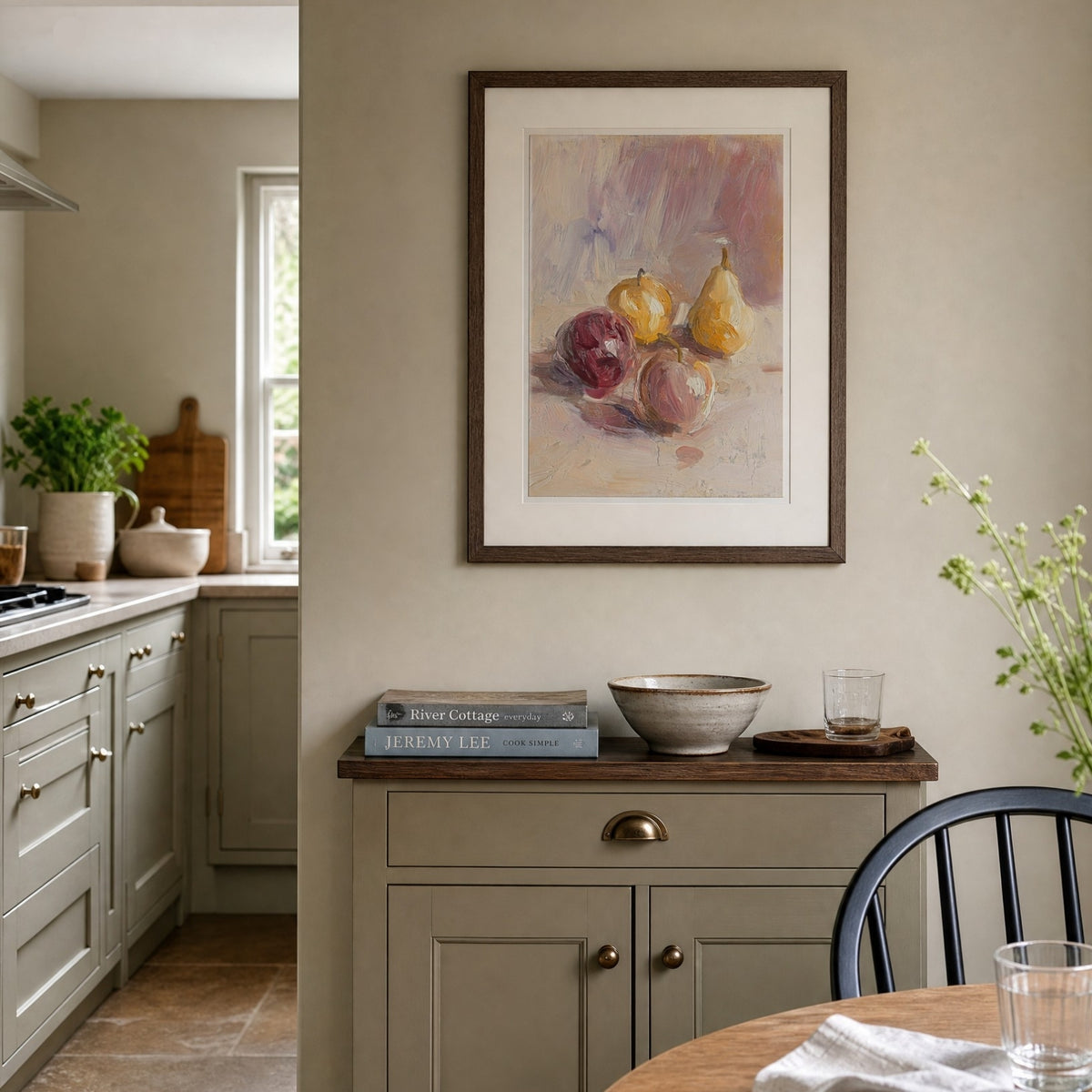 Pears, No. 1 – still life art print in beige and purple in kitchen