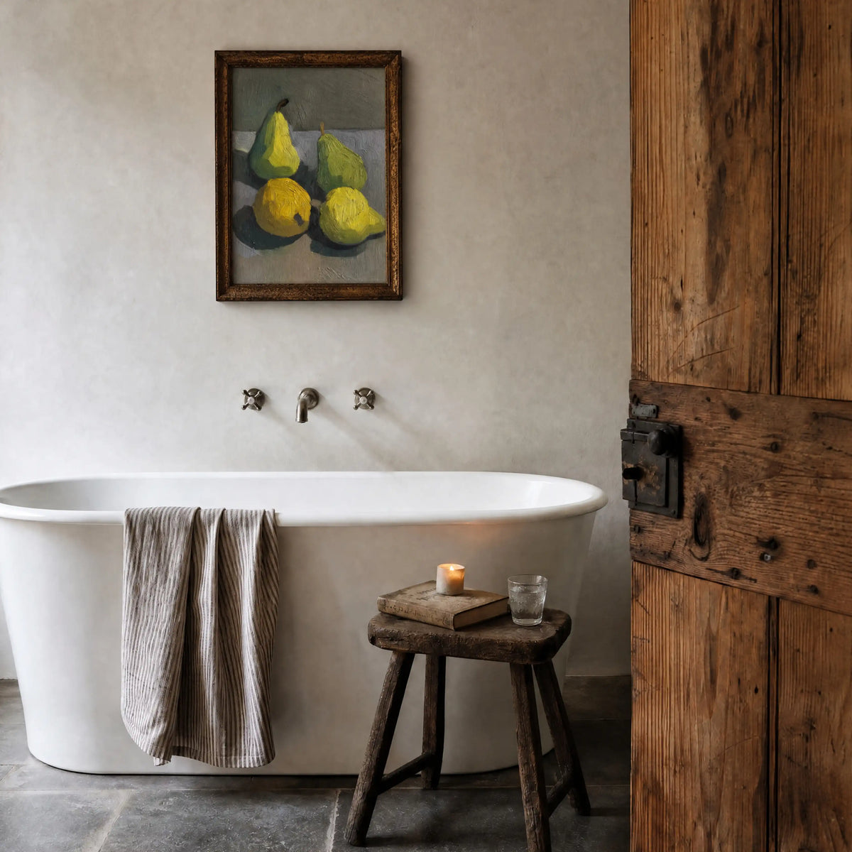 Pears, No. 2 – still life art print in earthy dark green and muted grey blue in bathroom