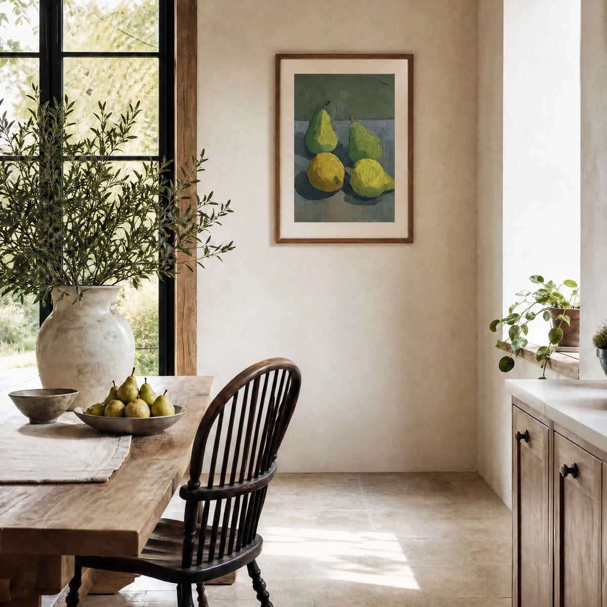Pears, No. 2 – still life art print in earthy dark green and muted grey blue in traditional dining room