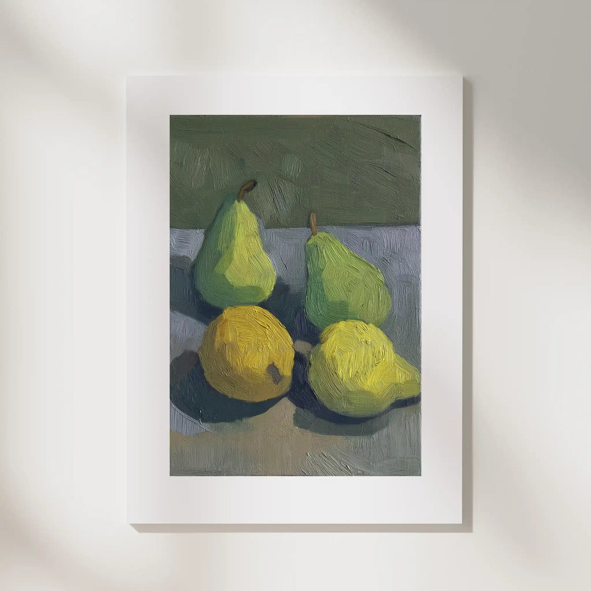 Pears, No. 2 – still life art print in earthy dark green and muted grey blue
