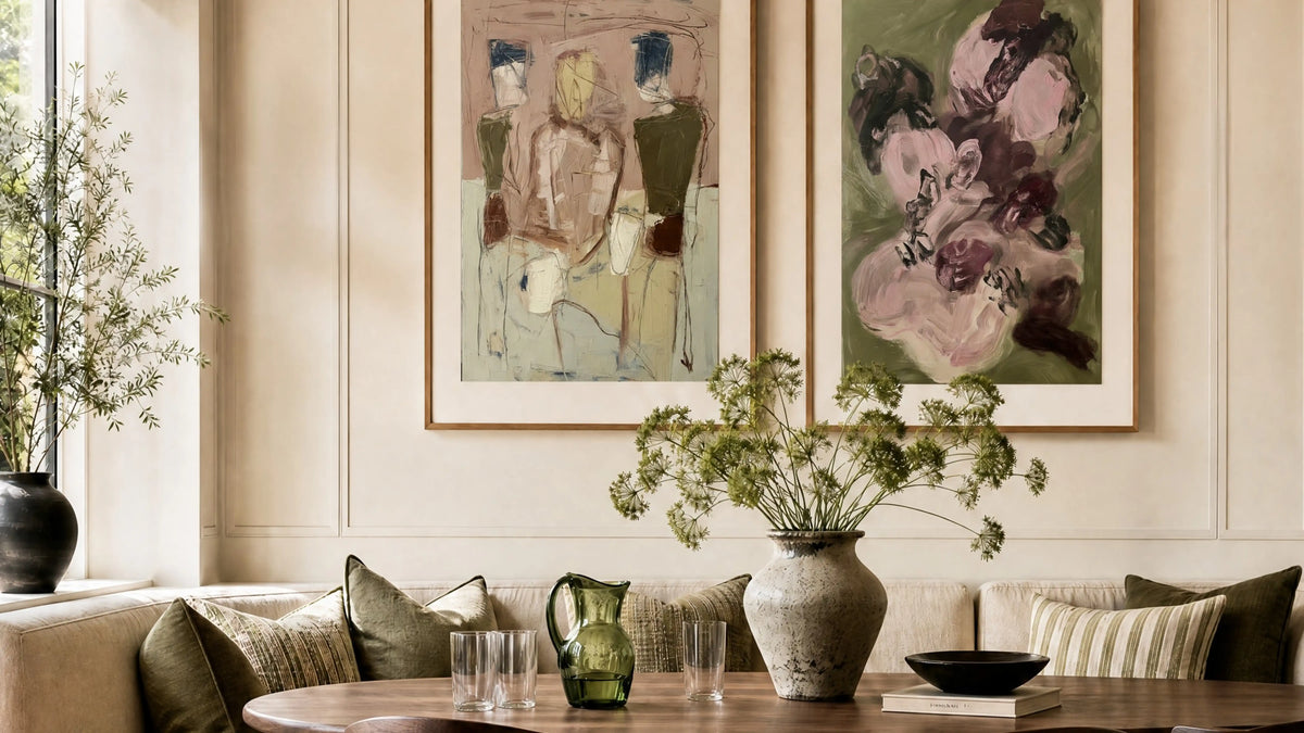 StudioStig painterly art prints displayed in a warm, collected interior