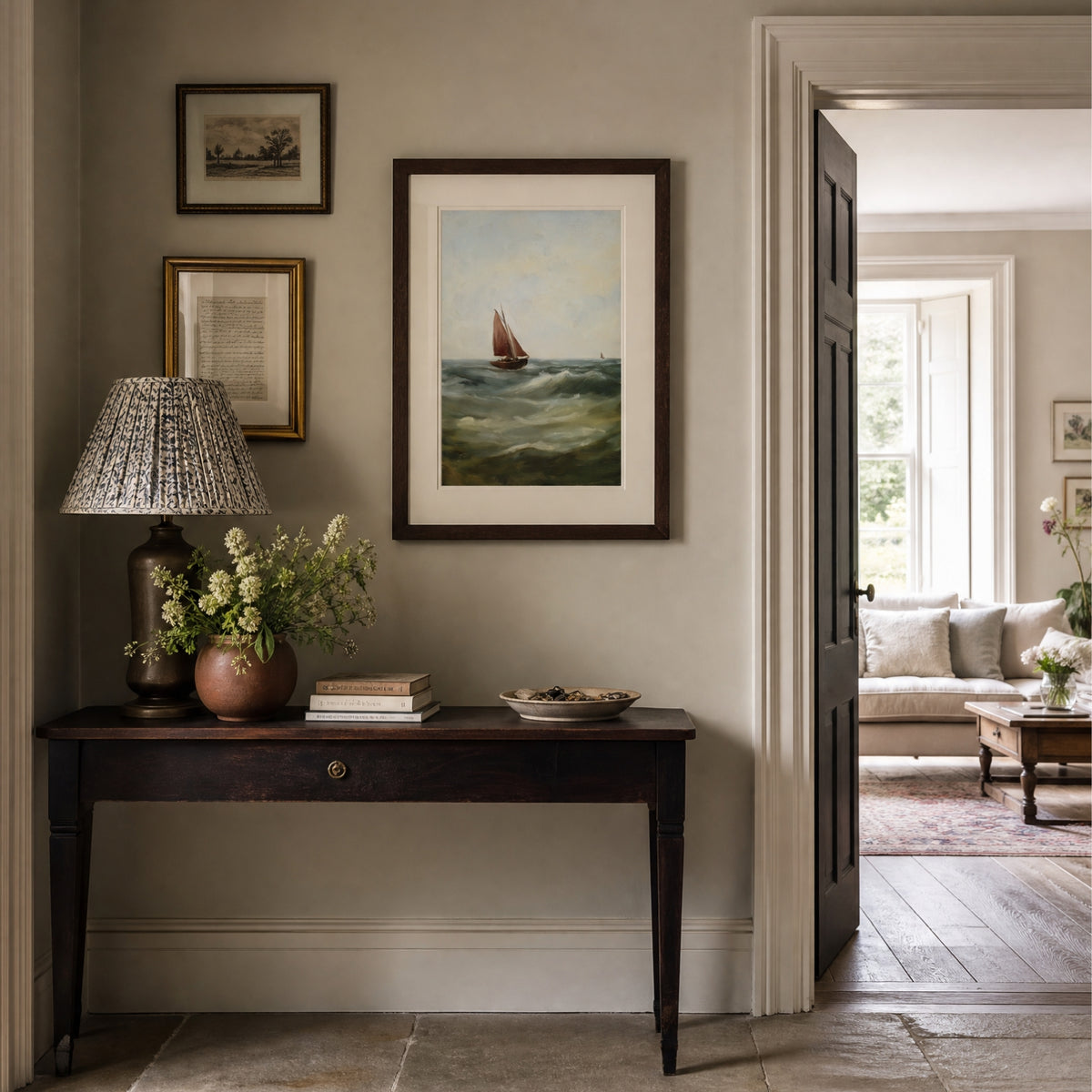 Sailing Boat, No. 1 – coastal art print in dark red and olive green in traditional hallway above antique console table