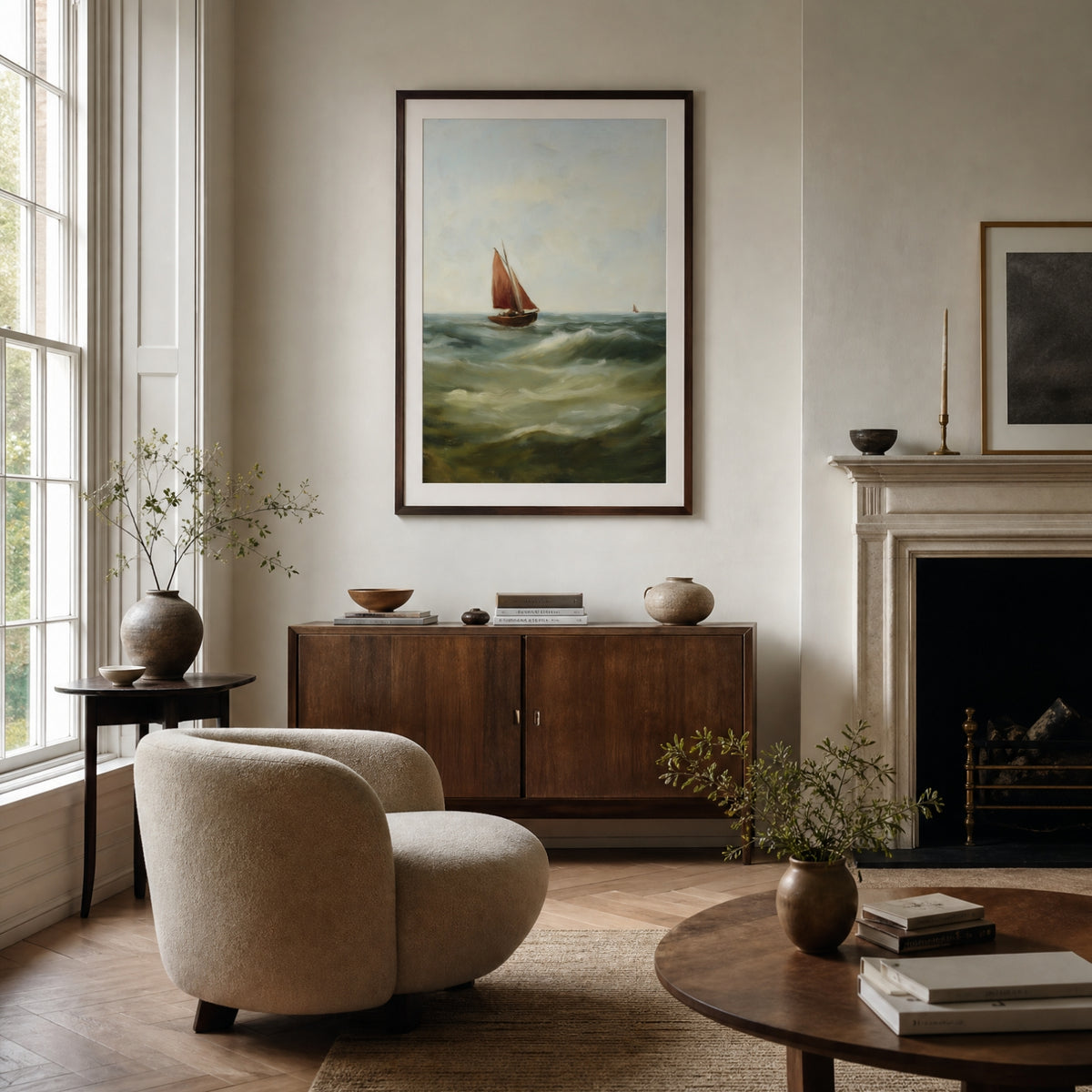 Sailing Boat, No. 1 – coastal art print in dark red and olive green in contemporary living room