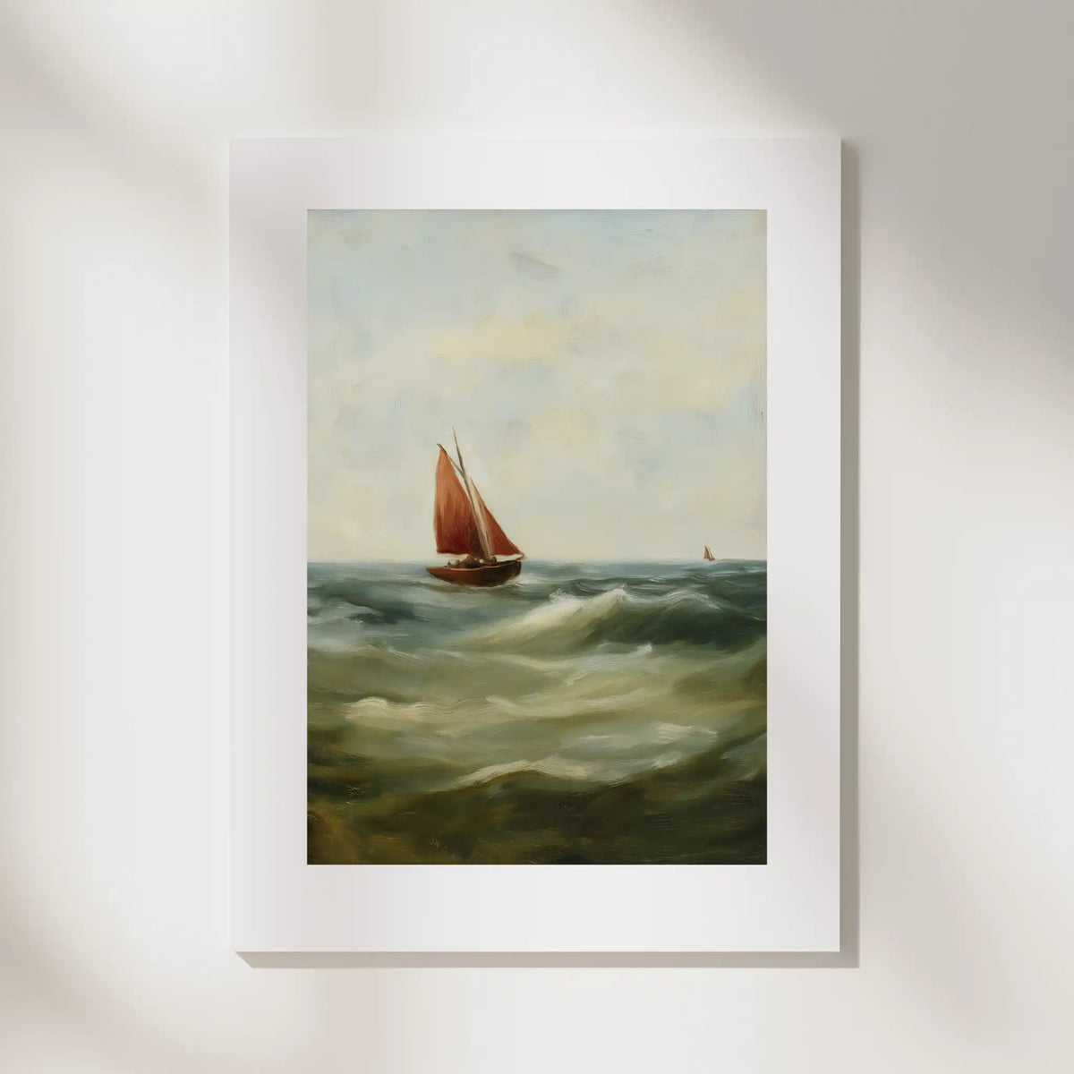 Sailing Boat, No. 1 – coastal art print in dark red and olive green