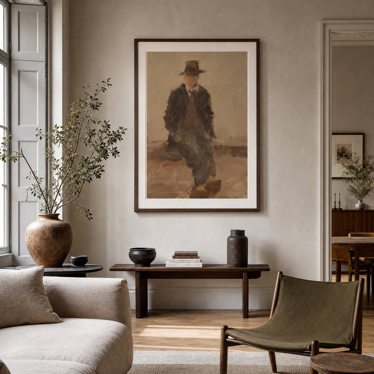 Seated Figure, No. 2 – figurative art print in brown and beige in living room