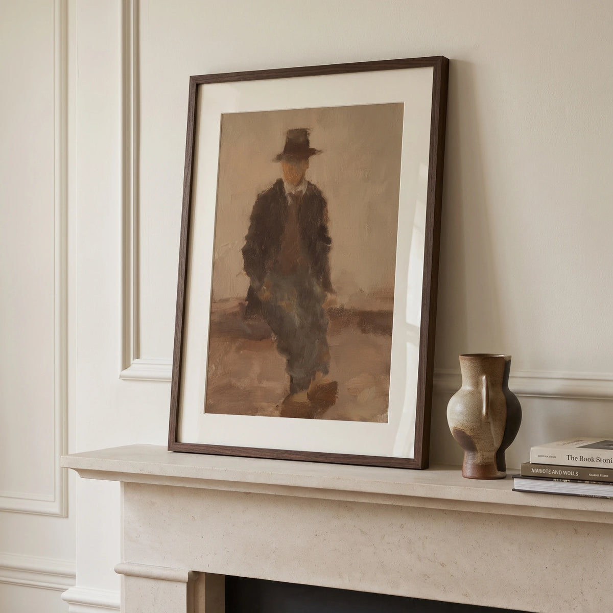 Seated Figure, No. 2 – figurative art print in brown and beige on mantelpiece