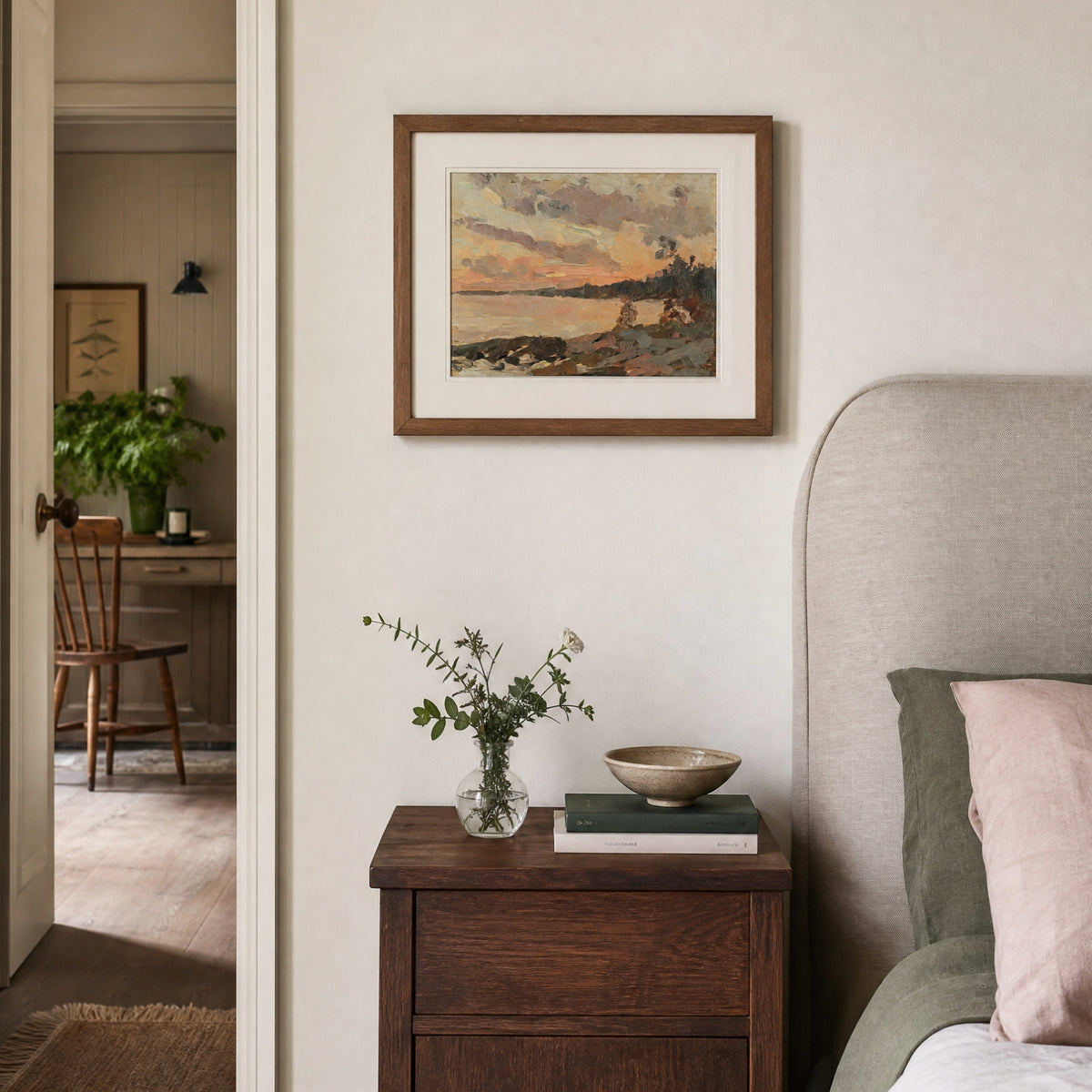 Shore, No. 1 – coastal art print in beige and olive green in bedroom