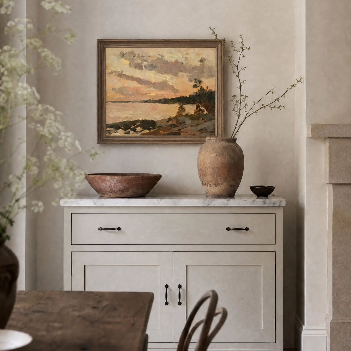 Shore, No. 1 – coastal art print in beige and olive green in dining room