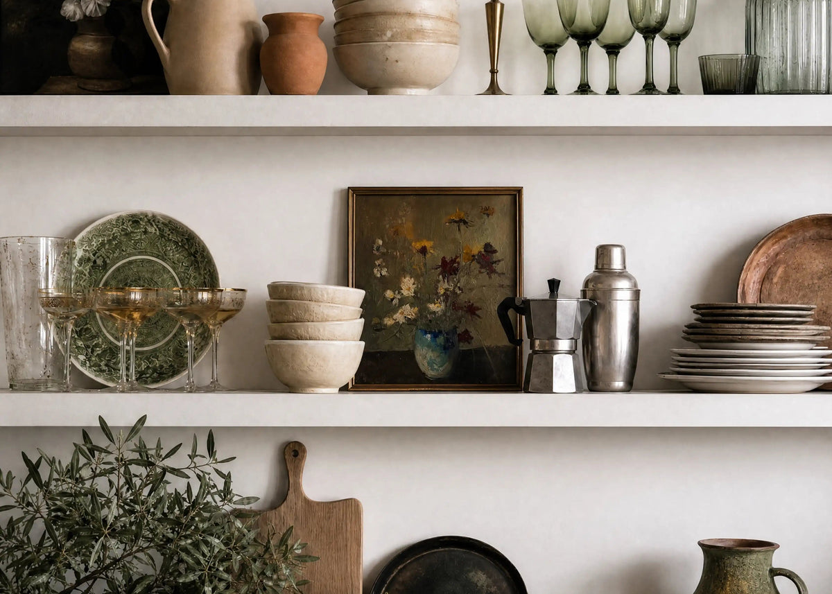 Wildflowers, No. 1 – floral art print in blue and linen in kitchen