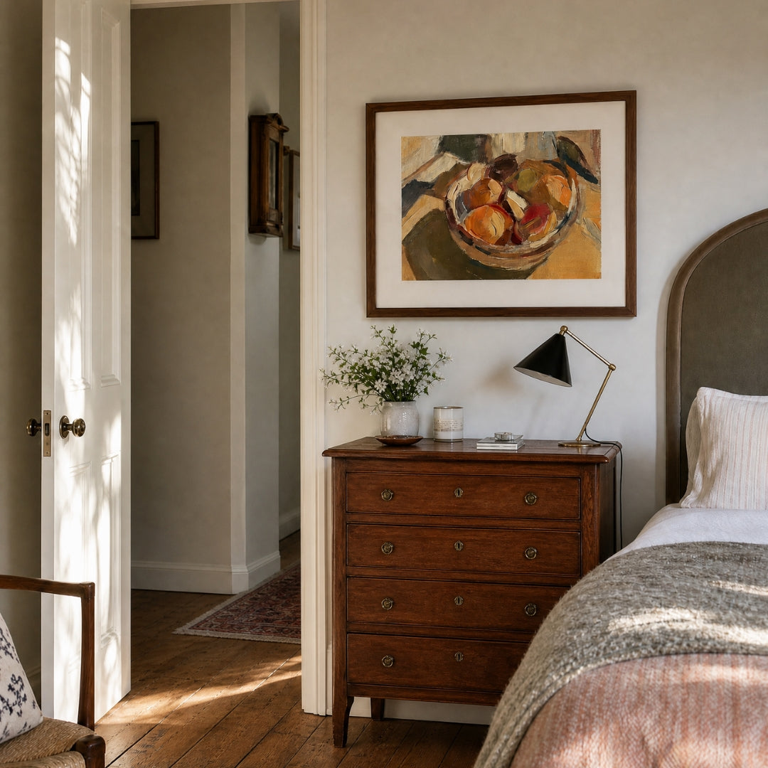 Still Life, No. 1 – still life art print in beige and orange in traditional bedroom