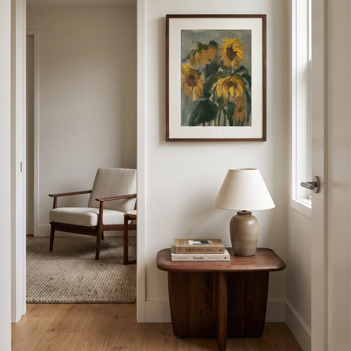 Sunflowers, No. 1 – floral art print in green and yellow in hallway