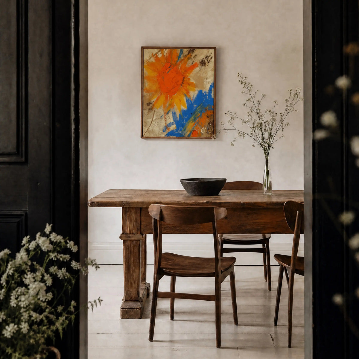 Sunflowers, No. 2 – abstract floral art print in ochre and brown in dining room