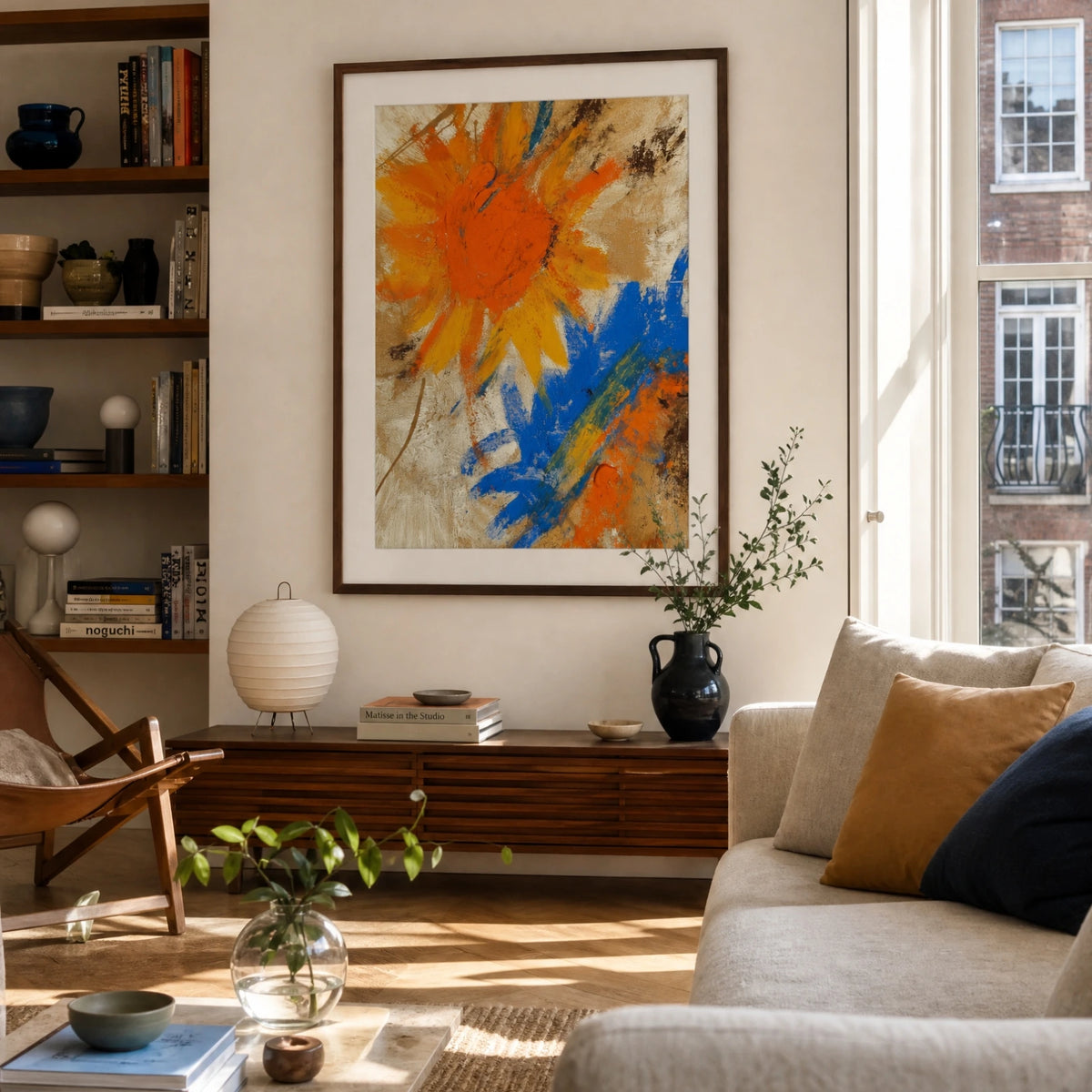 Sunflowers, No. 2 – abstract floral art print in ochre and brown in living room