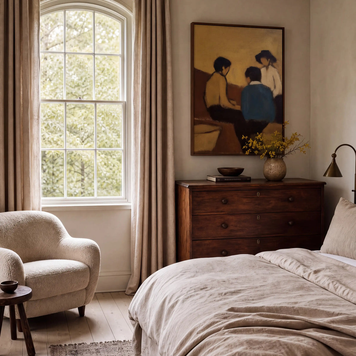 Three Figures, No. 1 – figurative art print in warm ochre and dusty blue