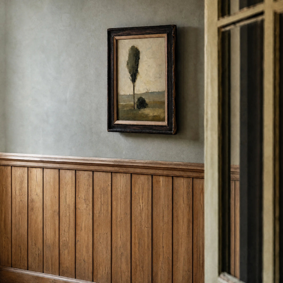 Tree, No. 1 – landscape art print in green and linen in hallway