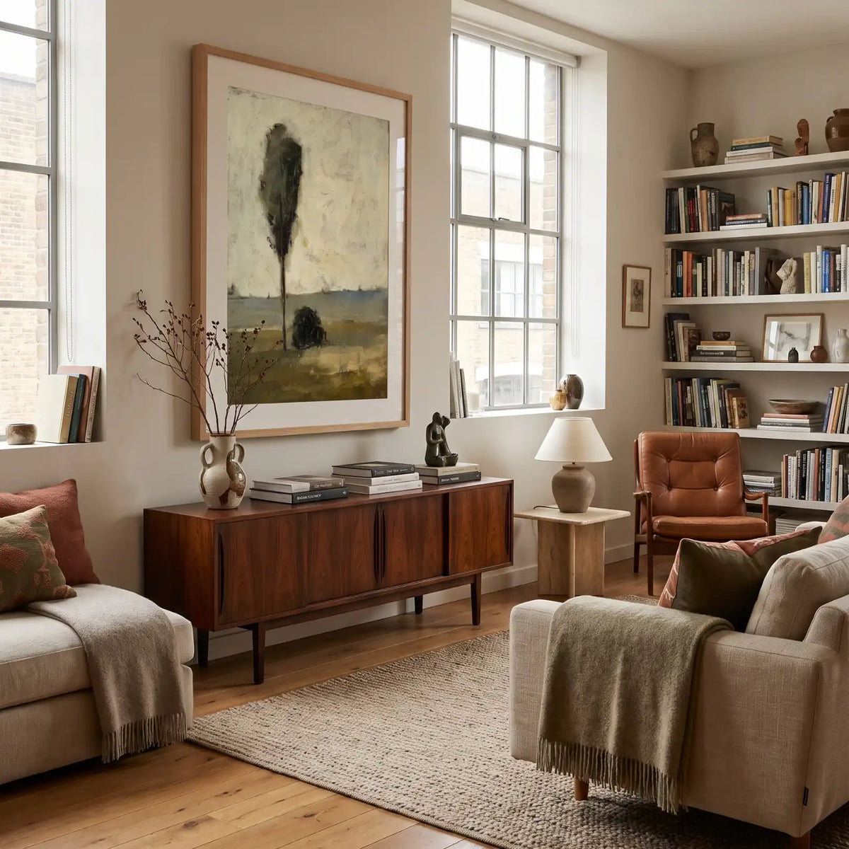 Tree, No. 1 – landscape art print in green and linen in living room