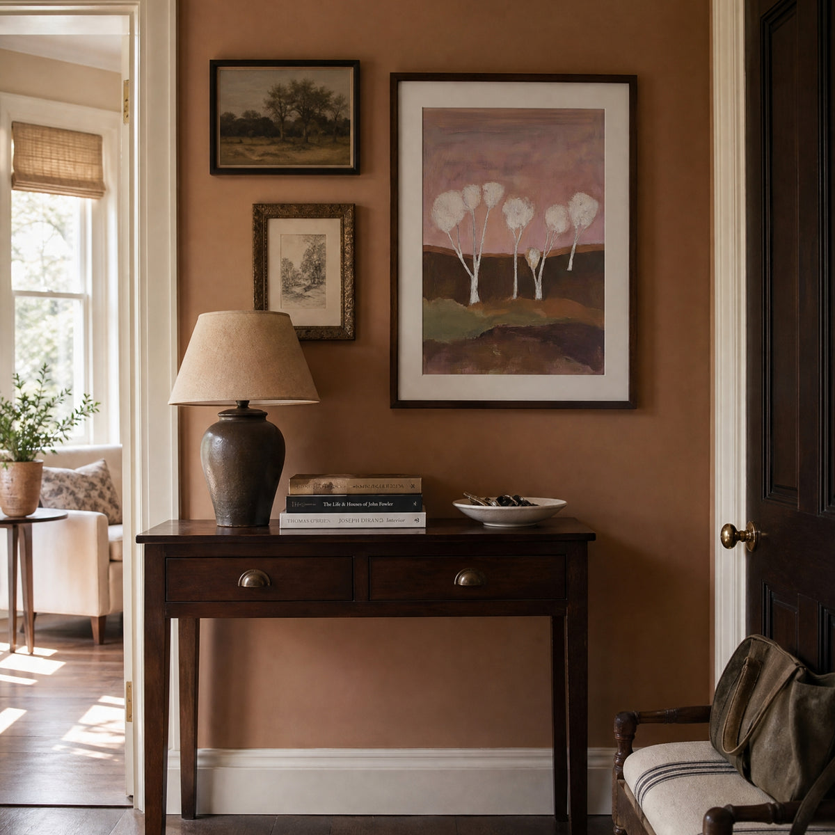 Trees, No.1 – abstract landscape art print in dusty pink and rust brown in hallway