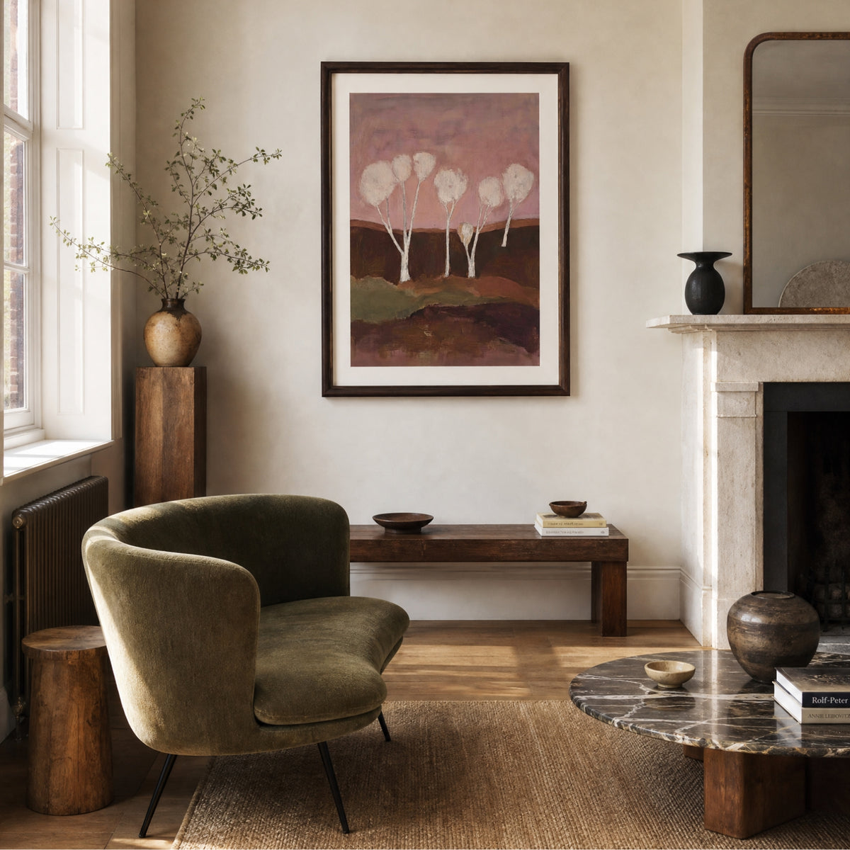 Trees, No.1 – abstract landscape art print in dusty pink and rust brown in contemporary living room