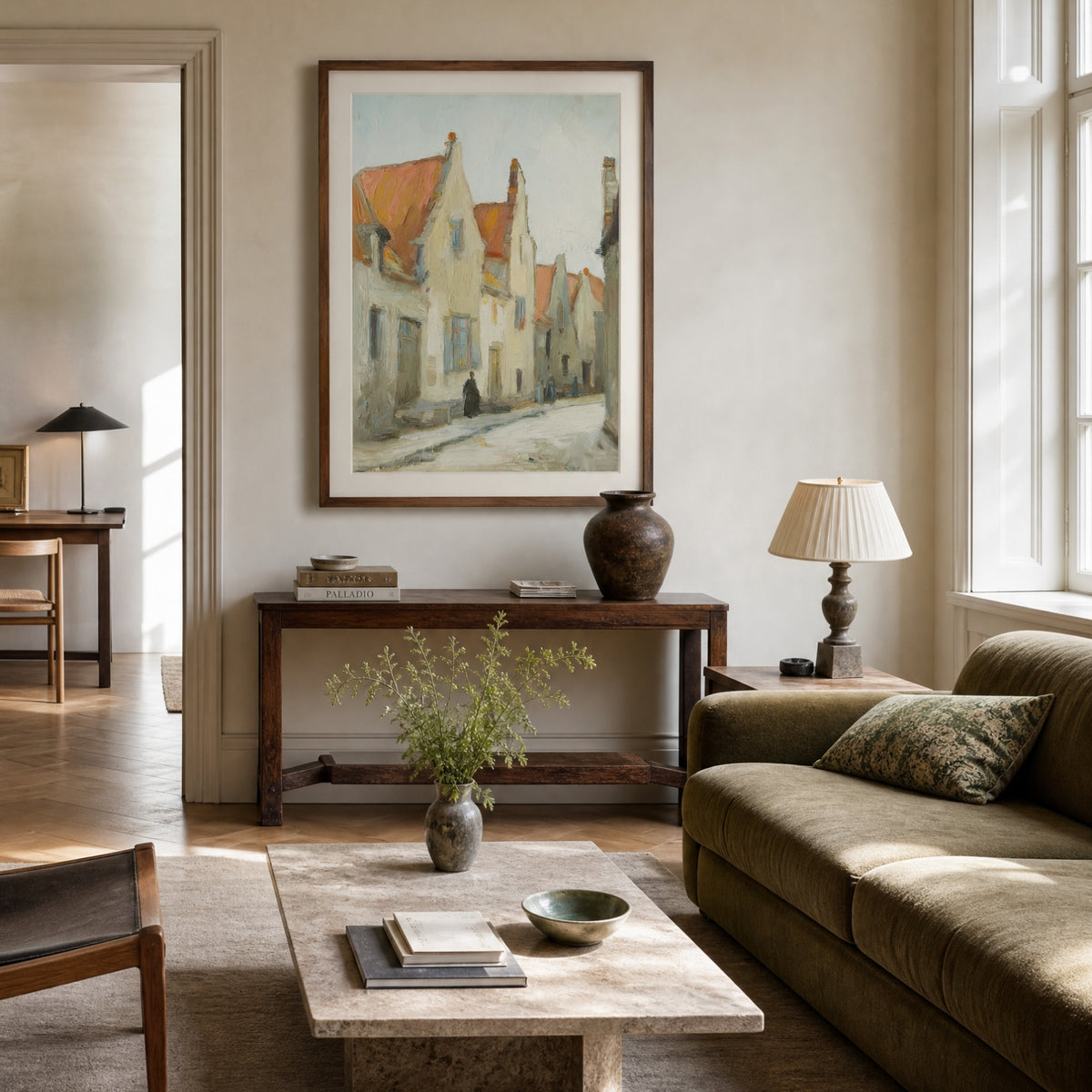 Village, No. 1 – landscape art print in linen and brown in modern contemporary living room