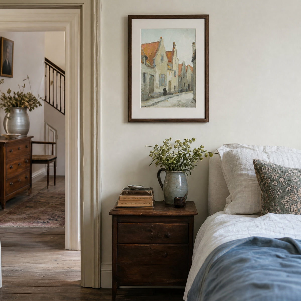 Village, No. 1 – landscape art print in linen and brown in traditional modern rustic bedroom