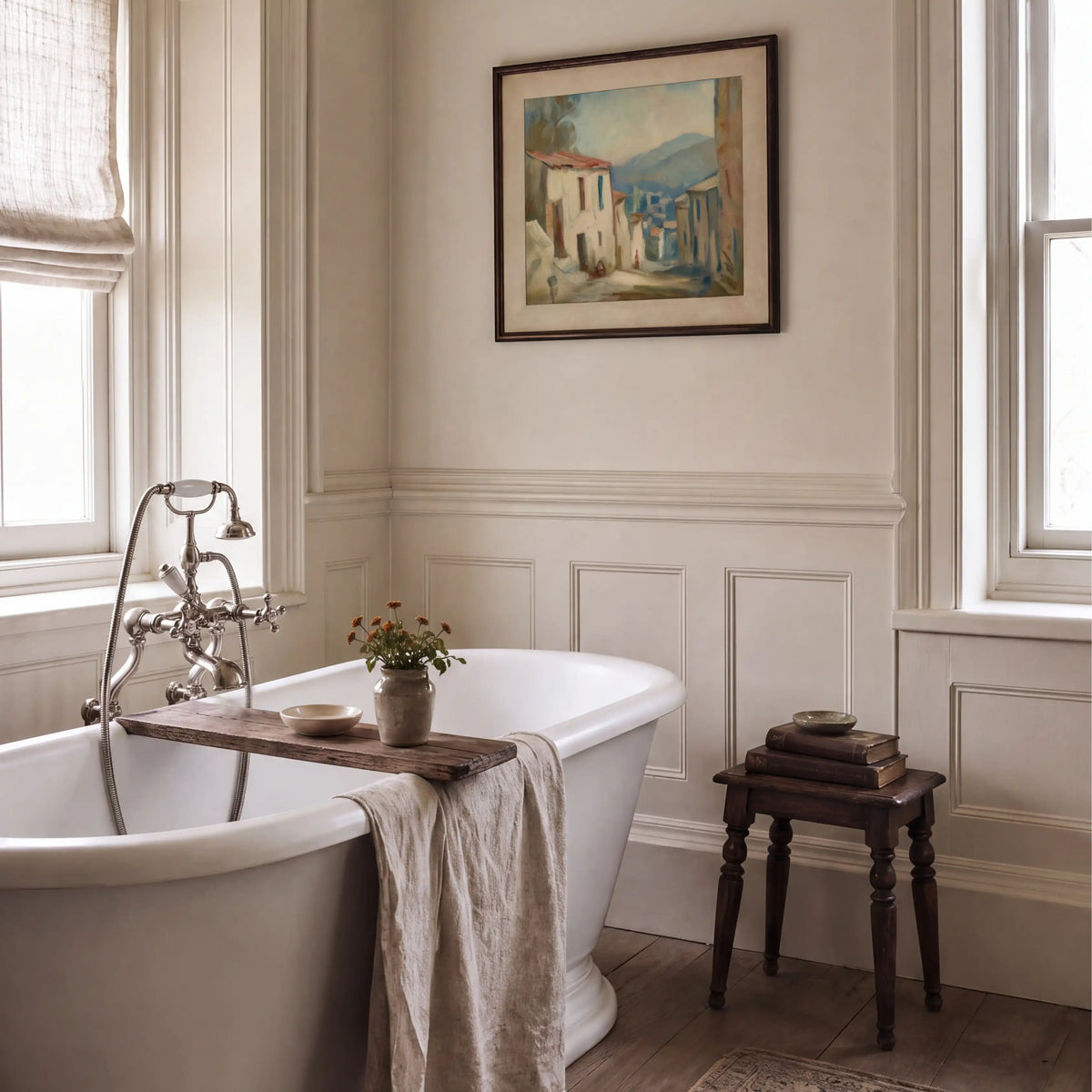 Village, No. 2 – landscape art print in beige and olive green in bathroom