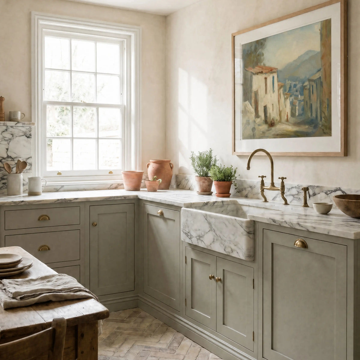 Village, No. 2 – landscape art print in beige and olive green in traditional kitchen