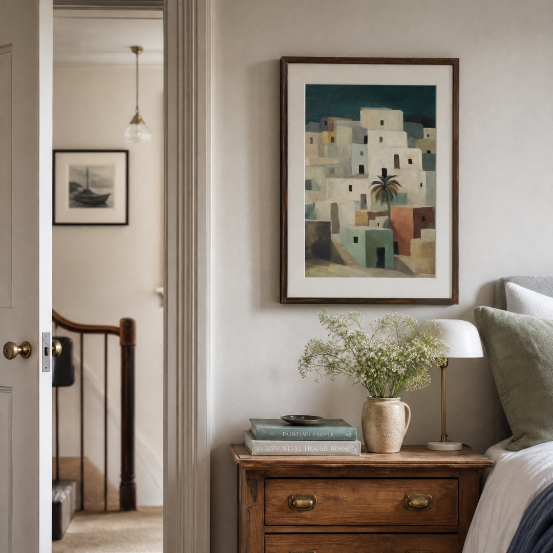 Village-no-3 - A framed art print depicting a Mediterranean-style white stucco village with a palm tree, hanging on a bedroom wall above a wooden nightstand with a lamp and books.
