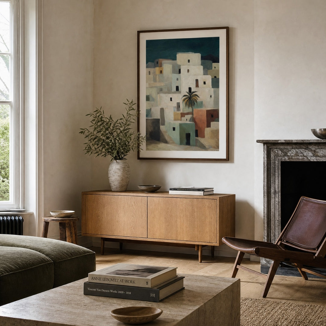 Village No. 3 - A framed art print depicting a Mediterranean-style village with white buildings and a palm tree, hanging on a beige wall in a beautifully styled living room with a mid-century sideboard, leather chair, and fireplace.