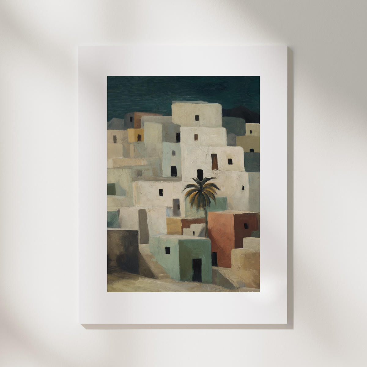 Village, No. 2 – painterly landscape art print of a hillside village with pale buildings, muted green and terracotta tones and a central palm tree