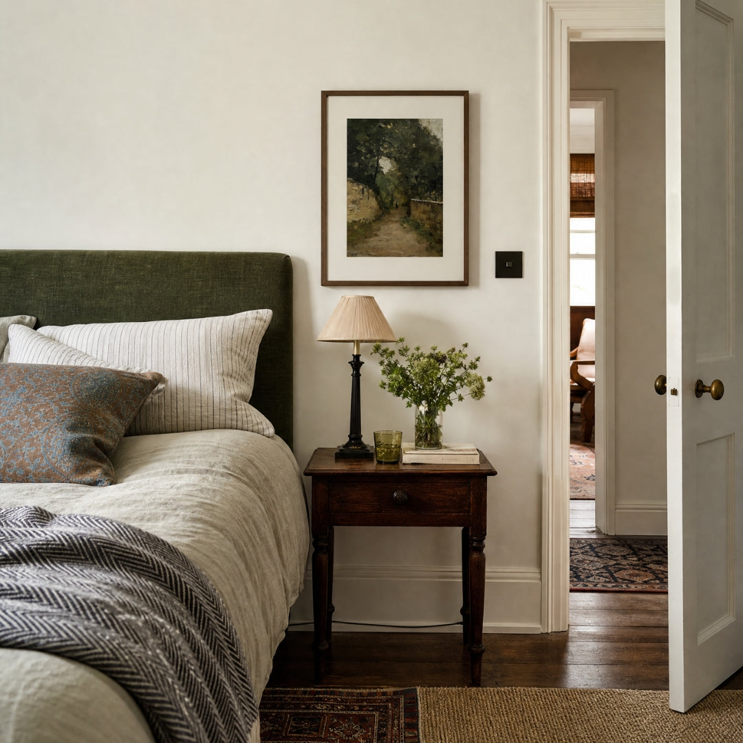 Wall, No. 1 – landscape art print in green and beige in traditional bedroom