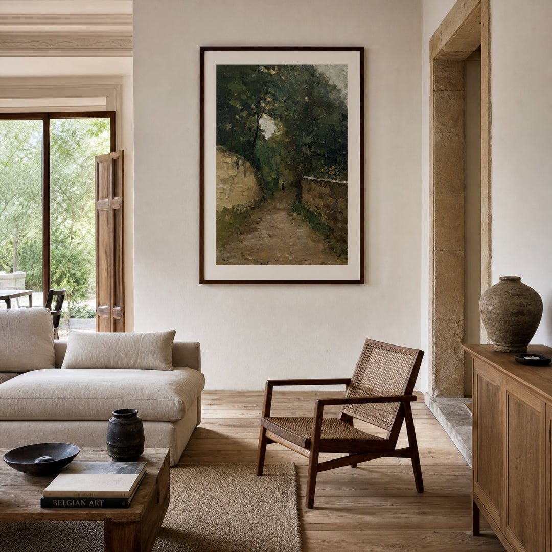 Wall, No. 1 – landscape art print in green and beige in modern living room
