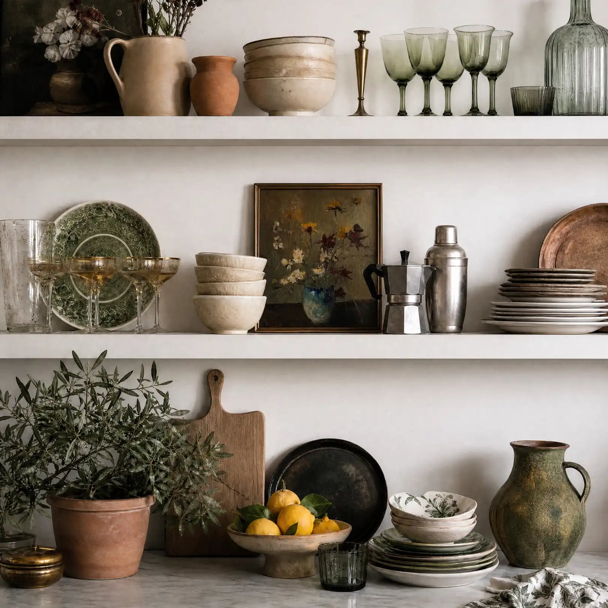 Wildflowers, No. 1 – floral art print in blue and linen in kitchen
